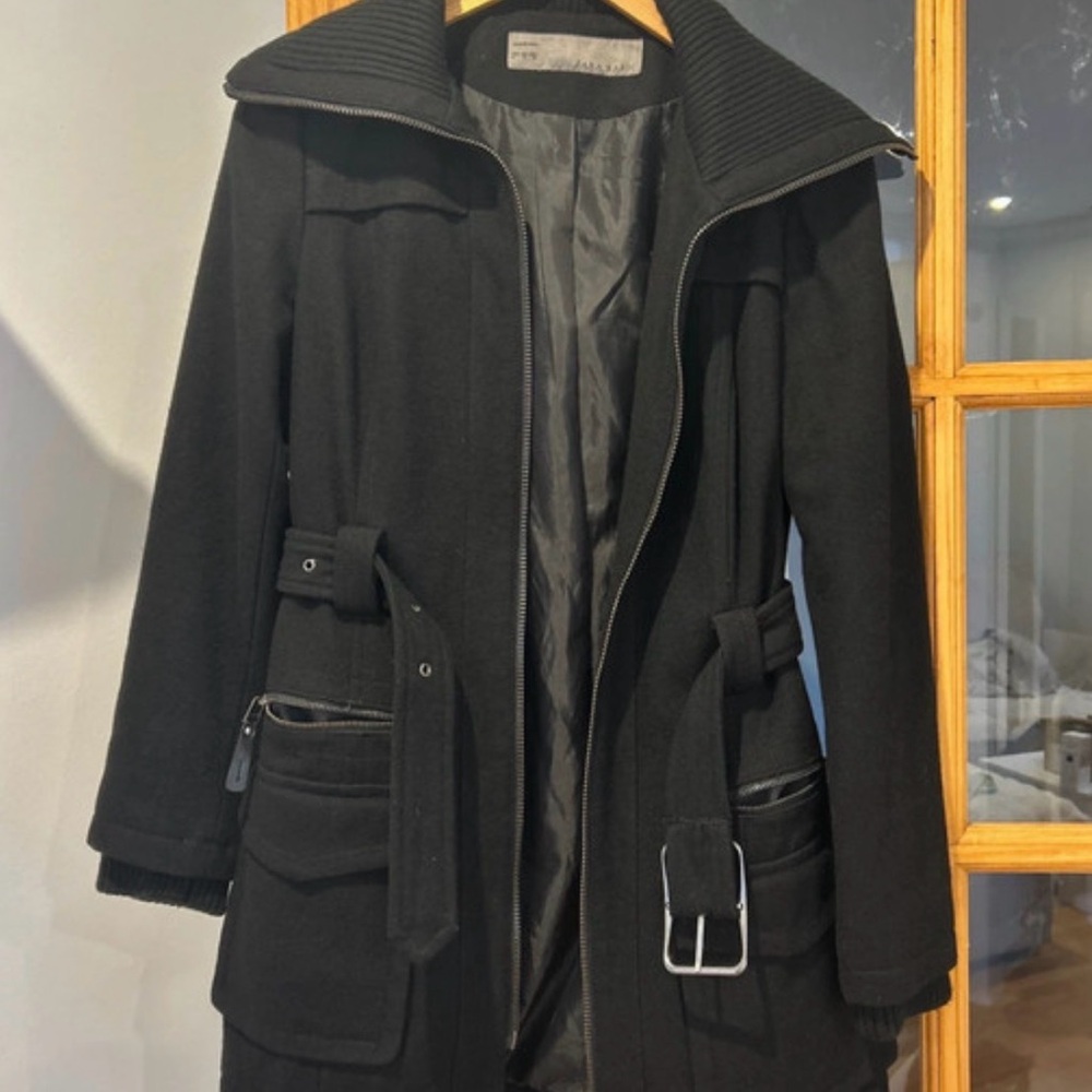 ZARA BASIC Women’s Black Winter Coat with Belted Waist
